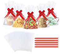 50PCS Clear Cellophane Treat Bag, AUERVO 13 x 18 cm Clear Resealable Flat Cello Bags Sweet Party Gift Bags Candy/Cookie/Chokley/with 50PCS Red Pull Bows