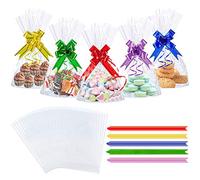 50PCS Clear Cellophane Treat Bags, AUERVO 13 x 18 cm Clear Resealable Flat Cello Bags Sweet Party Gift Bags Candy/Cookie/Gift/with 50PCS Colorful Pull Bows… (13x18 cm Cellophane Treat Bags)