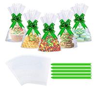 50PCS Clear Cellophane Treat Bags, AUERVO 13 x 18 cm Clear Resealable Flat Cello Bags Sweet Party Gift Bags Candy/Cookie/Gift/with 50PCS Green Pull Bows