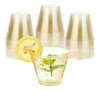 50Pcs Clear Plastic Cups - 9oz Gold Glitter Party Cups, Reusable Glasses | Gold Cocktail Plastic Tumblers for Wine, Ice Cream Dessert, Wedding Banquet Birthday Festival Indoor Party Drink Serving
