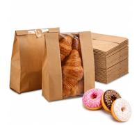 50Pcs Cookie Bags with Window Stickers 23x12x5cm Kraft Paper Greaseproof | Clear window, brown, multifunctional, durable, breads bags, resealable, for snack cupcake popcorn homemade bread