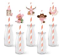 50PCS Cowgirl Paper Straws, Western Cowgirl Birthday Party Decorations Pink West My First Rodeo Decor Striped Drinking Straws for Girl Birthday Baby Shower Last Disco Bachelorette Party Favors