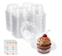 50Pcs Cupcake Boxes Single, 4 Inch Clear Individual Deep Domed Muffin Containers with Hinged Lids & 3 Thank You Stickers, Reusable Plastic Pods for Birthdays, Weddings, Afternoon Tea, 11.5x9.8x9 cm