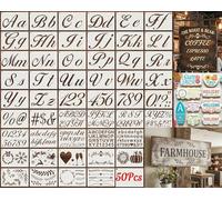 50Pcs Cursive Alphabet Stencils Set for Painting on Wood, 1/2/4Inch Reusable Rustic Calligraphy Letter Number Symbols Stencil for DIY Crafts, Wood Signs, Cookies, Canvas, Wall Art, Home Decor