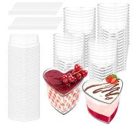 50Pcs Dessert Cups with Lids & Spoons,180ml Heart Shape Mini Reusable Dessert Pots Plastic Parfait Appetizer Bowl for Party Pudding Mousse Yogurt Snacks