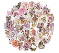 50pcs Die-Cut Flower Stickers, Gold Foil Floral Stickers for Scrapbooking, Pink Aesthetic Sticker, Travel Journaling Supplies, Inspirational Scrap Book Accessories for Card Making Paper Crafts