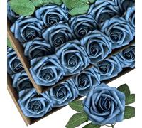 50pcs Dusty Blue Shades Foam Fake Rose with Stems 12 Leaves Artificial Flowers Real Looking Dark Blue Faux Roses for Wedding Bouquets Bridal Shower Centerpieces Arrangements Party Tables Decorations