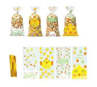 50Pcs Easter Cellophane Bags with 60Pcs Gold Metal Tie Straps,Easter Sweets Bag for Party Treat/Candy/Treats/Biscuits/Chocolate/Snack/Food of Wrapping,Cute Bunny Carrot Etc Pattern Plastic Clear Bags