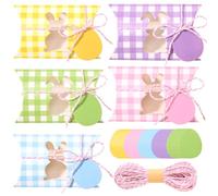 50Pcs Easter Treat Boxes With Gift Tags and Rope Spring Plaid Pillow Box Bunny Shape Window Cookie Boxes for Easter Spring Holidays Birthday Party Supplies, 5 Colors