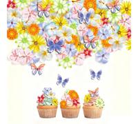 50pcs Edible Cherry Blossom Cupcake Toppers, Elegant Wafer Paper Cake Decorations for Wedding, Baby Shower, Birthday Party & Spring Events, Floral Cupcake Picks (Butterfly & Floral 60pcs)