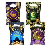 50pcs Eid Mubarak Gift Bags with Die Cut Handles, 4 designs - Golden Crescent Moon Lantern Muslim Mosque Print Goodie Candy Snack Plastic Gift Bags Pouch for Eid Al-fitr Ramadan Islamic Diwali Party