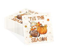 50Pcs Fall Football Pumpkin Paper Napkins 6.5 x 6.5" 3 Ply Dinner Napkins | Tis The Season Disposable Absorbent Autumn Rugby Maple Leaves Luncheon Napkin for Thanksgiving Sports Game Birthday Party