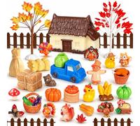 50Pcs Fall Thanksgiving Mini Resin Figures Fall Village Miniature Thanksgiving Farm Figurines Autumn Tiny Little Ducks Turkeys Pumpkins Bulk for Harvest Home Table Garden Dollhouse DIY Craft Decor