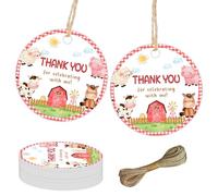 50Pcs Farm Animals Thank You Tags Round Barnyard Gift Tag with String Red Gingham Sheep Pig Cow Horse Paper Tags Hanging Labels for Girl Boy Farm Themed Barnyard Baby Shower Birthday Party Favors