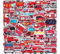 50PCS Fire Truck Stickers for Kids Teens, Cute Cartoon Fire Fighting Engine Vehicles Sticker Pack for Water Bottles Bicycle Laptop Luggage, Vinyl Waterproof Decals for Fire Vehicles Theme Party Decor