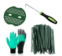 50pcs Green Artificial Turf Stakes Staples + 50pcs Buffer Washer with 1Pc Pick Hook，1Pairs Garden Gloves for Weed Barrier Fabric, Ground Cover, Holding Fence and Artificial Turf