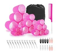 50PCS Hair Curlers Rollers, Self Grip Hair Rollers Set with 12 Duckbill Clips, 12 Radish Clip, Rat Tail Comb, Storage Bag for Long Medium Short Hair DIY Hairdressing (Rose Red)