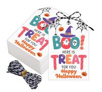 50PCS Halloween Tags with String Cute Halloween Paper Tag Gifts for Goodie Bag Hallo-Ween Label Tags for Women Men Kid Friend Pumpkin Ghost Gifts Boo Basket Stuffer Trick or Treat Party Favor Decor