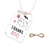 50pcs Halloween Thank You Tags, Little Boo Gift Tag with String for Halloween Party, Cute Ghost Thank You Paper Tags for Birthday/Baby Shower Party Favors