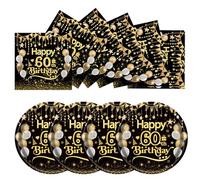 50Pcs Happy Birthday Black and Gold 60th Paper Plates and Napkins Set,25x7inch Paper Plates & 25x6.5inch Napkins Disposable Paper Plates Party Supplies for Man 60th Birthday
