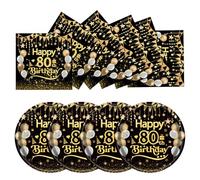 50Pcs Happy Birthday Black and Gold 80th Paper Plates and Napkins Set,25x7inch Paper Plates & 25x6.5inch Napkins Disposable Paper Plates Party Supplies for Man 80th Birthday