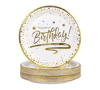 50PCS Happy Birthday Paper Plates 7 inch, Disposable White Gold Dessert Paper Plates Dinner Plates Cake Plate Party Supplies for Birthday Party Decorations (White)