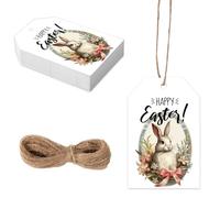 50pcs Happy Easter Bunny Tags, 3.35x2.17 Inch Easter Gift Hanging Tags Cute Rabbit Labels with Rope Basket Ornaments for Spring Holiday Party Decorations