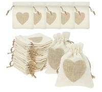 50pcs Hessian Bags, 8x10cm Linen Drawstring Bags, Reusable Jute Bag with Heart Pattern, Small Gifts Bag Jewellery Favour for Candy Wedding Valentine's Christmas DIY Craft
