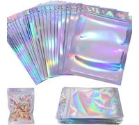 50pcs Holographic Mylar Zip Lock Bags, Resealable Smell-Proof Flat Foil Pouches for Candy, Cookies, Party Favors, Jewelry and More