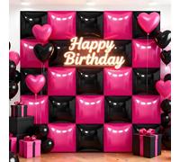 50Pcs Hot Pink and Black Square Foil Balloons Wall Backdrop, Double Sided Metallic Foil Balloons Tunnel Arch Garland Kit for Photo Booth Birthday Wedding Halloween Christmas Party Decorations