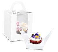 50PCS Individual Cupcake Boxes with Handle, Single Cupcake Box with Window and Insert, Perfect for Birthday Parties, Christmas, Wedding, Cake Shop (White)