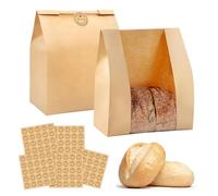 50Pcs Large Paper Bread Bags for Homemade Bread, Kraft Paper Bags with Window & 5Pcs Stickers, Brown Bakery Packaging for Storage Cookies & Snacks, Home Baking Packaging Storage,12.6 * 8.3 * 4 Iches