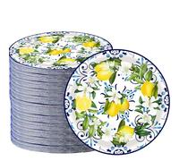 50PCS Lemon Party Supplies7"Lemon Paper Plates Blue Tiles Yellow Lemon Party Plates Vintage Bird Leaves Plates Summer Citrus Fruit Paper Plates for Summer Birthday Lemons Party Decoration (Blue Tile)