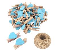 50Pcs Light Blue Mini Wooden Heart Clothespins, Multicolor Small Clothespins with Heart, 3cm Heart Photo Clips, Tiny Clothes Pins with String for Photos Display,DIY Craft,Wedding&Baby Shower Decor
