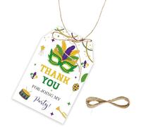 50pcs Mardi Gras Thank You Tags, Mardi Gras Gift Tag with String for Masquerade Birthday, Carnival Thank You Paper Tags for New Orleans Themed Party Favors