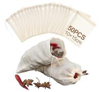 50Pcs Marinade Bags (10×15cm) Tea Bags Empty 100% Reusable Mesh Cotton Muslin Bags, Drawstring Spice Bags for Cooking, Braise Soup Spice Bags Dried Lavender Sachet Tea Picnic Storage Home Fragrance