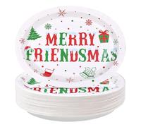 50Pcs Merry Friendsmas Oval Paper Plates 10" x 12" Large Disposable Heavy Duty Christmas Red Green Party Plates Xmas Snowflake Gifts Dessert Platter for Winter Friends Holiday Home Party Supplies