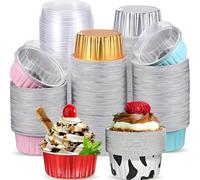 50Pcs Mini Cake Baking Cups with Lids and Spoons, 150ml Round Aluminum Foil Baking Pans with Sealing Stickers, Mini Loaf Cake Cases for Cupcake Dessert Wedding Birthday Picnic Party (5 Colors)