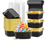 50Pcs Mini Cake Baking Cups with Lids and Spoons, 150ml Square Aluminum Foil Baking Pans with Lids and Spoons, Tart Pie Cake Containers for Bread Dessert Wedding Birthday Picnic Party ((Black Gold))