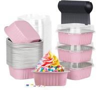 50Pcs Mini Cake Baking Cups with Lids and Spoons, 150ml Square Aluminum Foil Baking Pans with Lids and Spoons, Tart Pie Cake Containers for Bread Dessert Wedding Birthday Picnic Party ((Pink Silver))