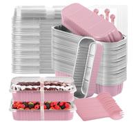 50Pcs Mini Cake Cases with Lids and Spoons, 150ml Reusable Aluminum Square Baking Cups, Aluminum Foil Baking Pans, Small Loaf Cups Tart Pie Cupcake Containers for Bread Dessert (Pink - Rectangular)