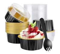 50Pcs Mini Cake Pans with Lids and Spoons, Foil Cupcake Cups Cupcake Liners, 150ml Round Baking Pans, Small Loaf Muffin Cups, Tart Pie Bread Dessert Containers for Wedding Birthday Picnic Party