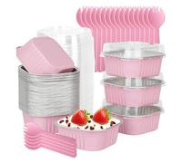 50Pcs Mini Cake Tins with Lids and Spoons, 150ml Mini Loaf Cake Cases, Square Aluminum Foil Baking Pans, Reusable Aluminum Mini Cake Tins, for Bread Dessert Wedding Birthday Party (Pink-50Pack)