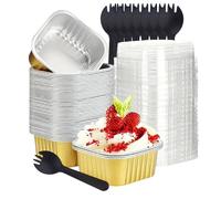 50Pcs Mini Cake Tins with Lids and Spoons, 150ml Mini Loaf Cake Cases, Square Aluminum Foil Baking Pans, Reusable Aluminum Mini Cake Tins, for Bread Dessert Wedding Birthday Party (Golden-50Pack)
