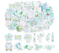 50PCS Mini Green Botanical Stickers, Watercolor Plant Cat Drink Washi Stickers, Pre-Cut Die-Cut Cute Daily Item Stickers for Junk Journal, Scrapbook, Planner, Laptop & Water Bottle DIY Decor (Style-4)