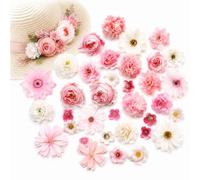 50PCS Mini Silk Artificial Flower Heads - Dual Colour Faux Roses Peonies and Daisies for Cake Decorations, DIY Crafts, Wedding Home Decor, Hair Accessories and Bridal Bouquet Making (White and Pink)