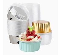 50PCS Mixed color Disposable Ramekins with lids,5oz Mini Aluminium Foil Baking Cups Creme Brulee Cupcake Liners, Desert Cheesecake Pans Flan Molds Tin Cups Containers for Party