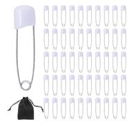 50Pcs Nappy Safety Pins 2.2 Inch Plastic Diaper Pins Locking Closures Stainless Steel Pin Secure Head Fasteners with Black Velvet Bag for Terry Squares Nappies Clothes Dress, White