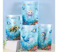 50pcs Ocean Animal-Themed Party Favor Bags with Handles - Under-the-sea creature gift bags featuring whale, sea turtle, and jellyfish designs; perfect for birthday parties.