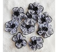 50PCS Organza Ribbon Flowers with Beads 1.18 inch 2-Layer Artificial Silk Flower Handmade Appliques Sewing Wedding Craft Present Wrapping Decoration (Black)